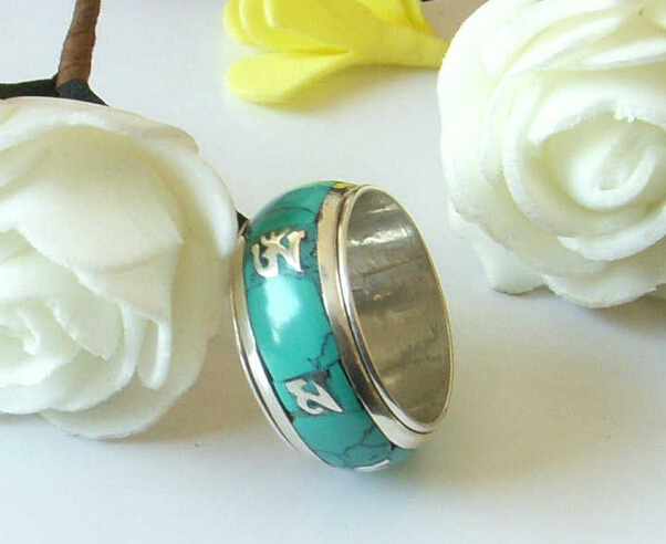 Handmade Nepal 925 Sterling Silver Om Mani Padme Hum Mantra Turquoise Ring